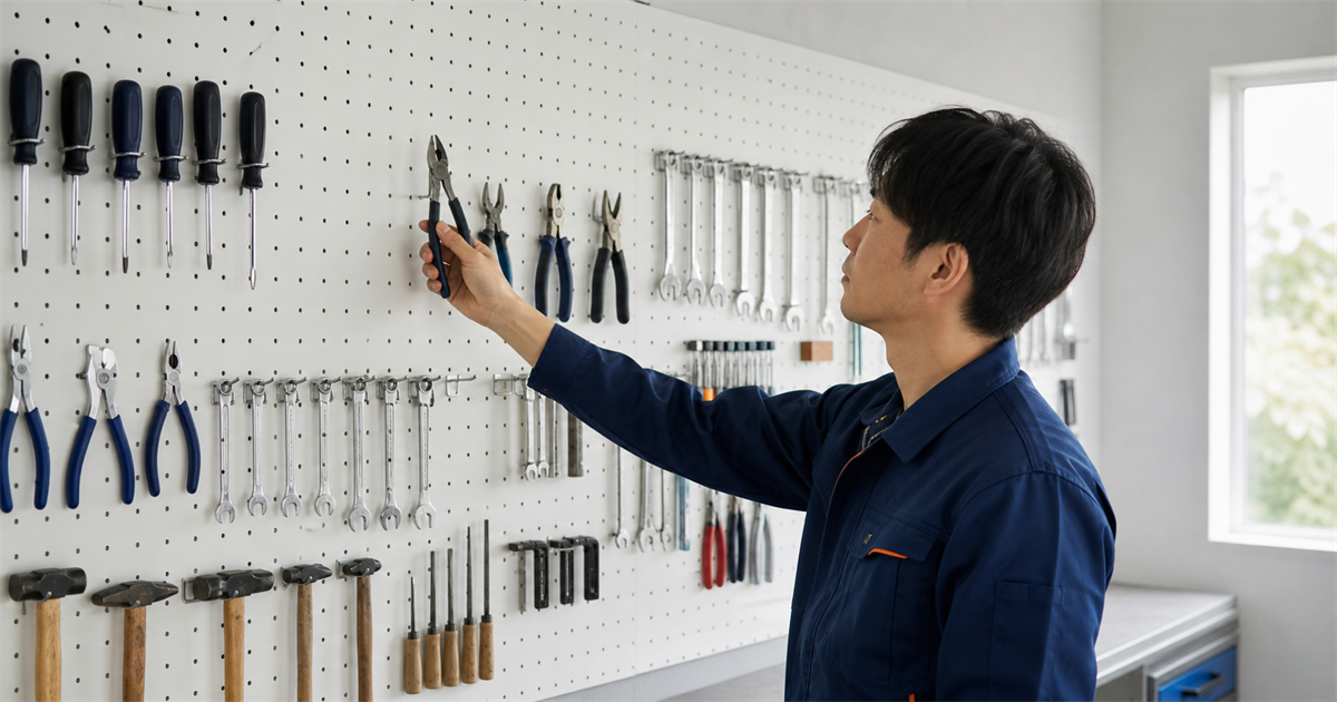 工具が整然と並ぶペグボードから作業服の男性が1本を選び取る写真。三郷市の入札登録が5業種までで選択が必要になることを表す