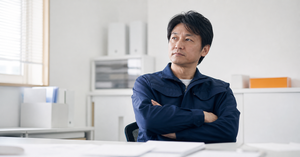 建設会社の事務所で作業ジャンパーの男性が腕を組んで考え込む写真。材料費等記載見積書に何を内訳明示するかを検討する場面を表す