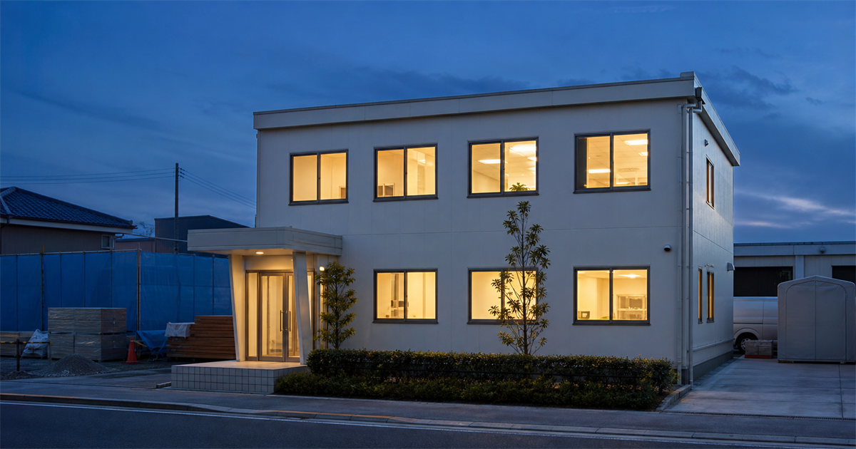 夕暮れ、窓に明かりが灯る2階建ての建設会社の事務所を通りから捉えた写真。許可を失っても90日以内なら名簿に残る猶予期間を表す