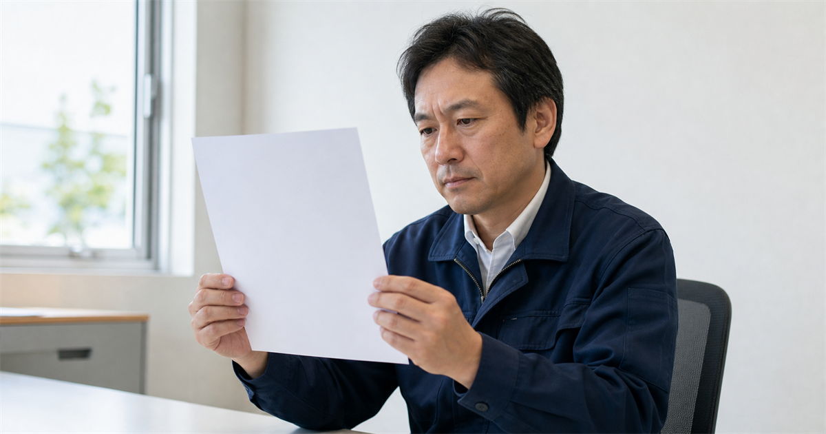 書類を手に眉を寄せる作業服の男性。差し戻しを招く5つのパターン