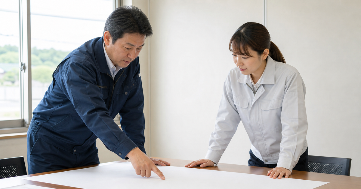 白紙を挟んで打合せする建設会社の2人。受付開始日から逆算してスケジュールを組む