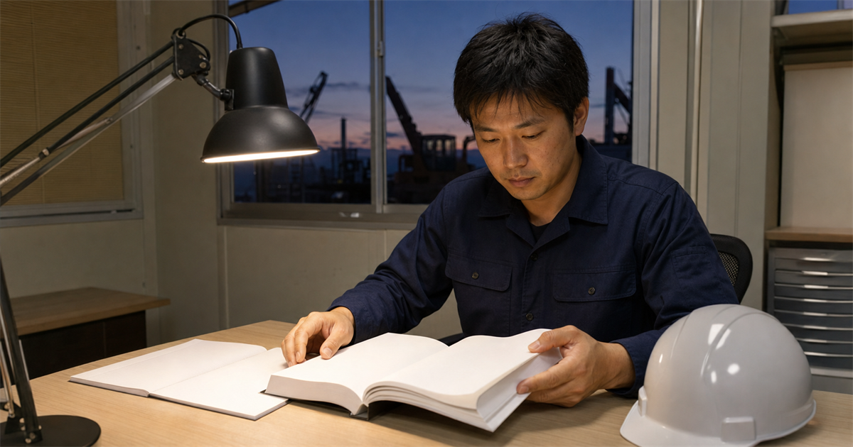 夕方の現場事務所で施工管理技士の資格取得に向けて学習する作業服の男性