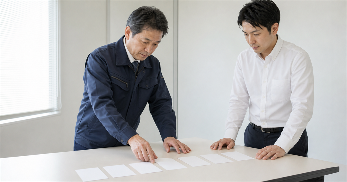 机に並べた無地のカードの順番を入れ替える建設会社の2人。締切から逆算して日程を組み直す