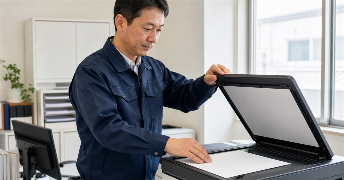 事務所でスキャナーに白紙を置く作業着の男性。確認資料をPDF化してシステムにアップロードする作業のイメージ