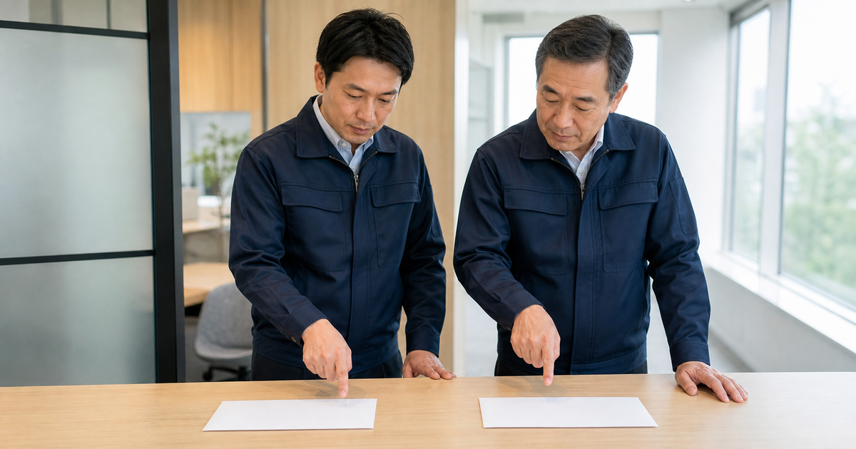 机に離して置かれた2通の白い封筒を2人の男性がそれぞれ別々に指さす。変更届は埼玉県、承継申請は川越市と提出先が分かれることのイメージ