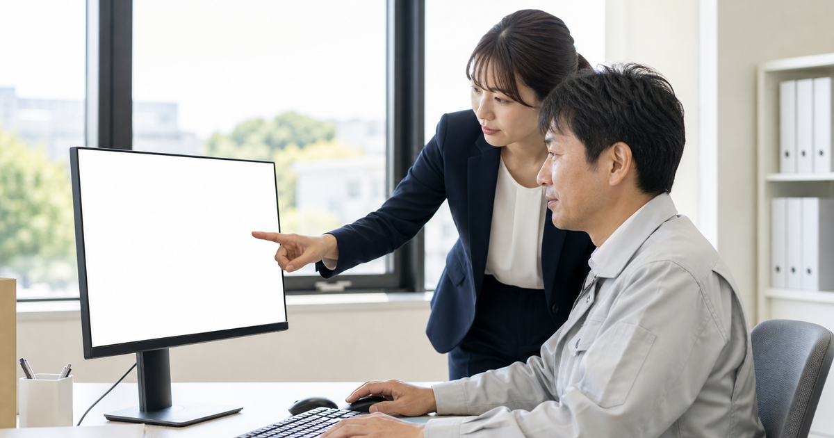 事務所のパソコンでCCUSの登録手続きを一緒に進める作業服の男性と行政書士