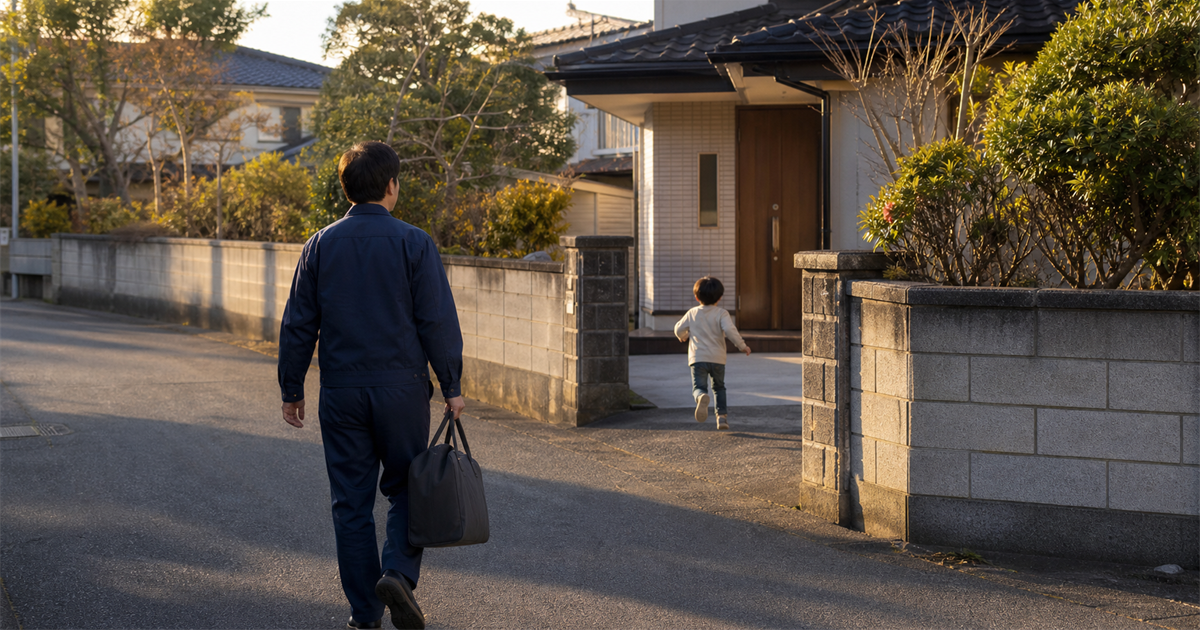 夕方の住宅街で作業服の男性を子どもが出迎える様子。社会保険加入と暮らしの土台のイメージ