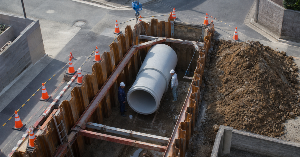 開削された道路の掘削溝に据えられた大口径の下水道管と作業員。八潮市の低平な土地と地下インフラ更新のイメージ