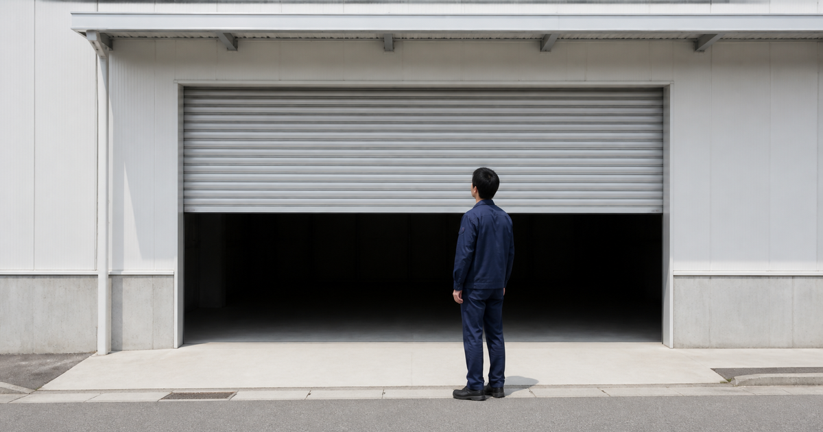 半分だけ降りたシャッターの前にひとり立つ作業服の男性の後ろ姿。三郷市の会社で事業承継の手続きが止まる典型パターンを表す