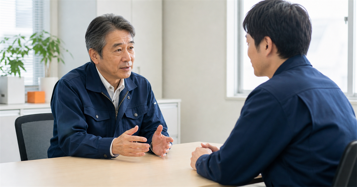 建設会社の事務所で年配の男性が身を乗り出して話し若手が聞いている写真。後継者が決まらないときにいつ動くかを逆算する場面を表す