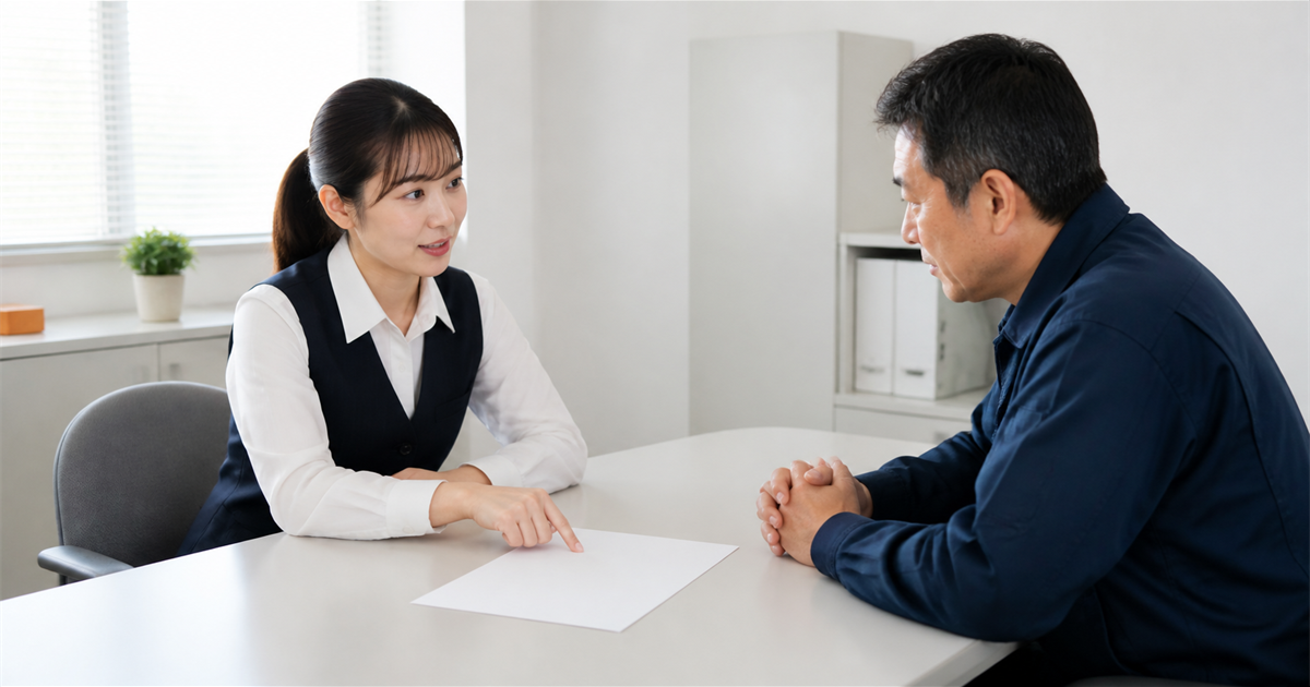 事務所の机を挟んで事務職の女性が白紙を指して説明し作業服の男性が聞いている写真。税の未納があると資格審査を受けられないことを表す
