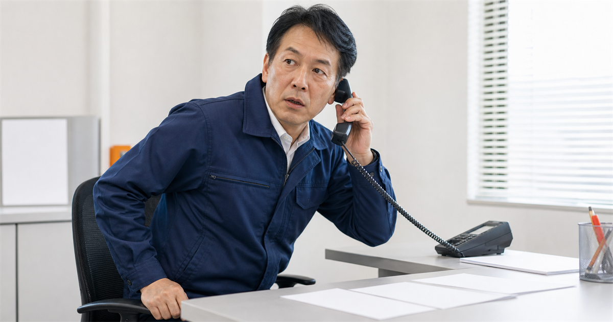 作業ジャンパーの男性が席を立ちながら受話器を取る事務所の場面。変更届を「直ちに」出す必要があることを表す図