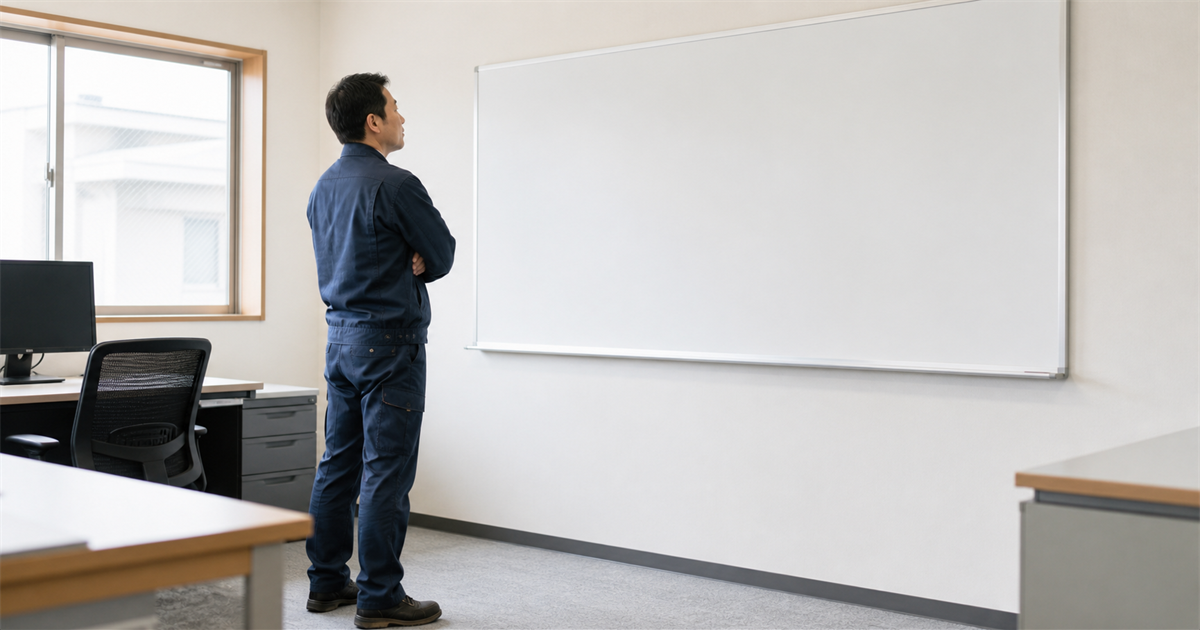 無地のホワイトボードの前で腕を組んで考える作業ジャンパーの男性。登録する5業種をどう選ぶか