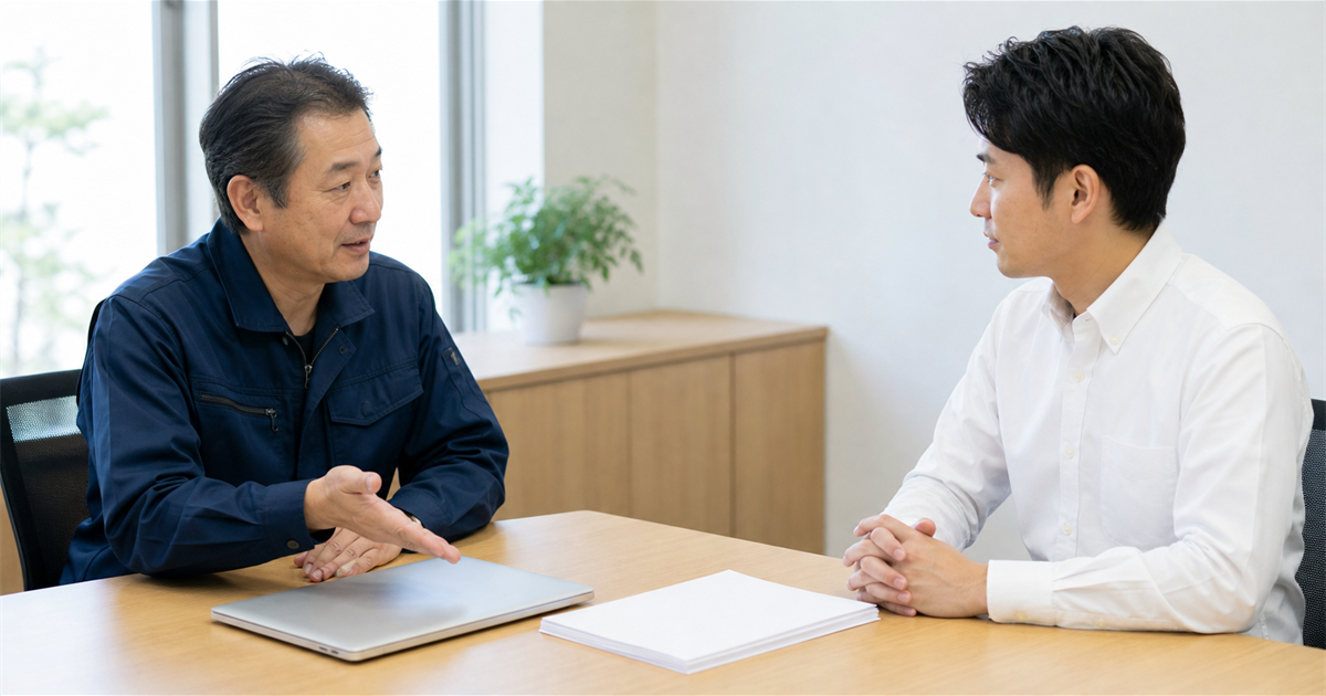 机上のノートパソコンと書類の束を前に話し合う2人の男性。電子申請と紙申請のどちらで進めるかを相談する場面