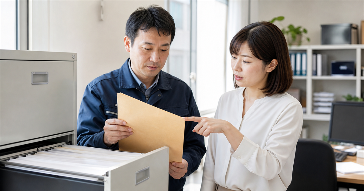 事務所でキャビネットから取り出した書類ファイルを2人で確認する場面。営業所技術者の実務経験を裏付ける過去の資料を探す作業のイメージ