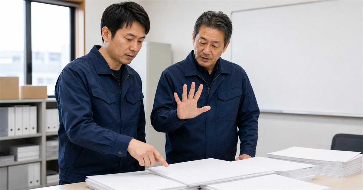 事務所で書類を前に人数を数える2人の作業着姿の男性。自社の技能者のレベル分布を棚卸しする作業のイメージ