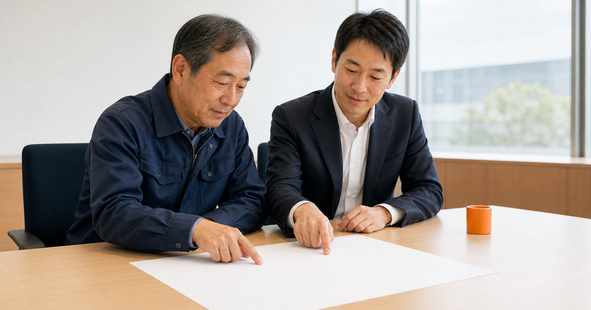 長机に並んで座り白紙の資料を一緒に確認する経営者と専門家。承継スケジュールを逆算して組み立てるイメージ