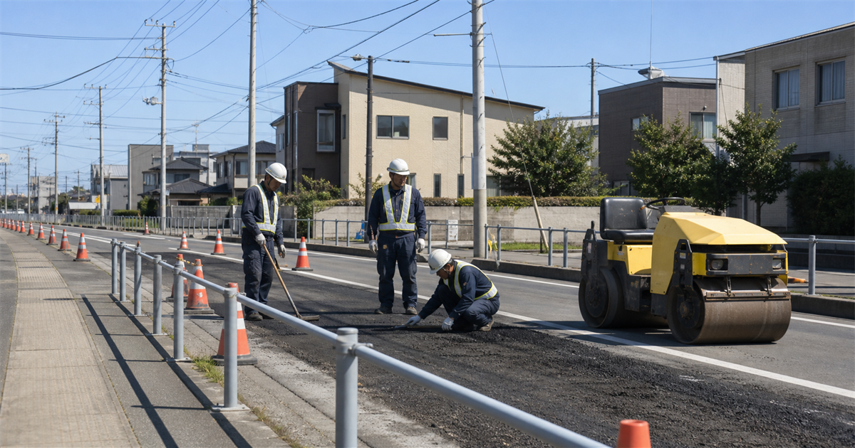 住宅地の道路改良工事で作業する3人の作業員とローラー。三郷市の公共工事と入札参加資格のイメージ