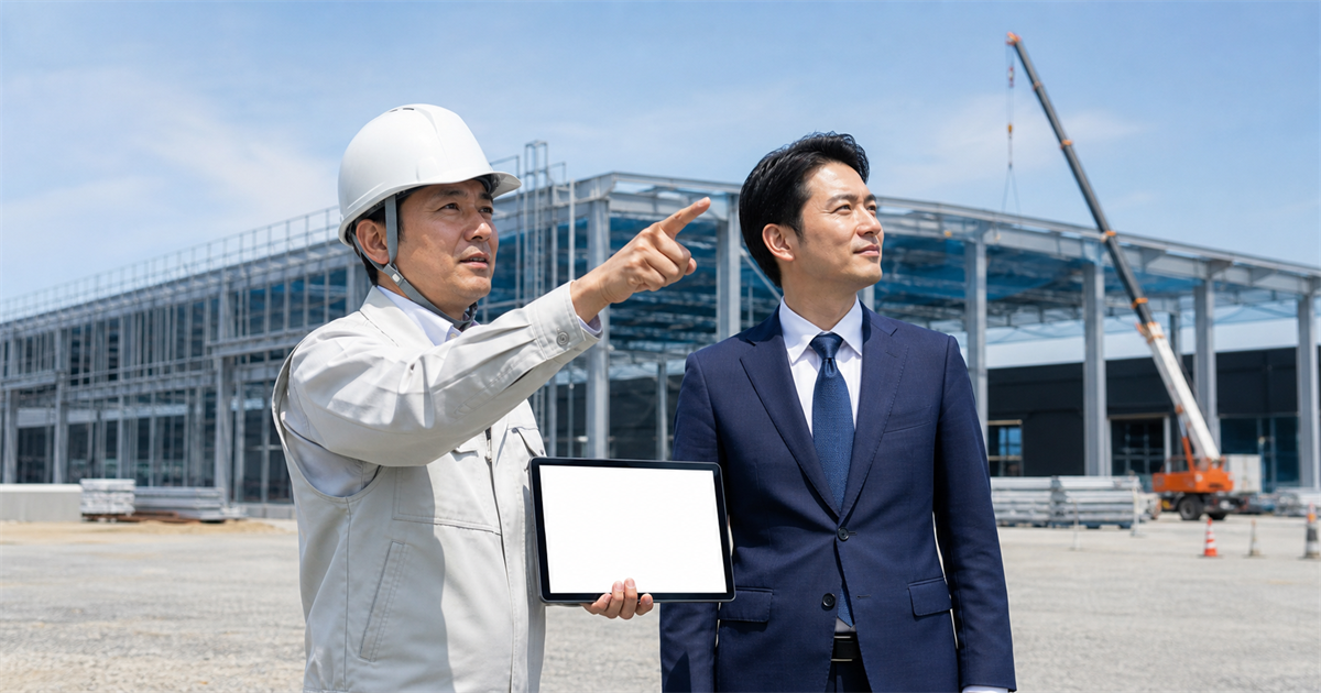 産業団地の建設現場で、タブレットを持つ現場監督と行政書士が並んで建屋を見上げる図