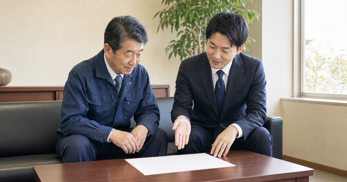 応接室で1枚の資料を挟んで並んで座り話し合う建設業の経営者と行政書士
