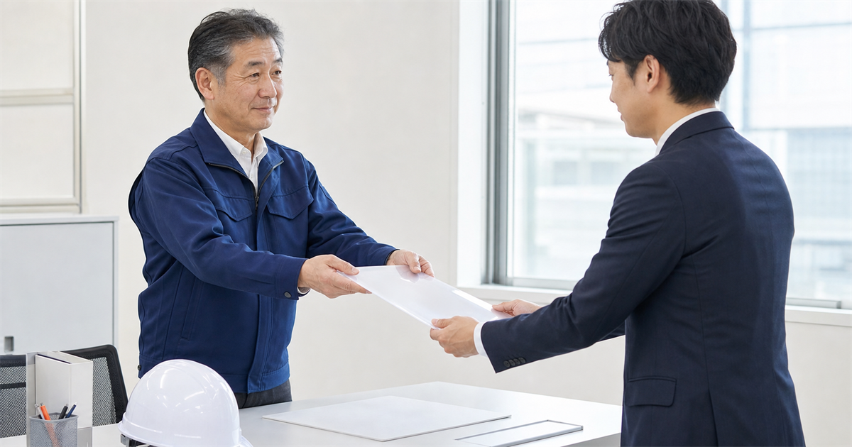 作業ジャンパーの男性からスーツの男性へ書類ファイルが手渡される場面。許可番号・有効期間・経審の結果が引き継がれることを表す図