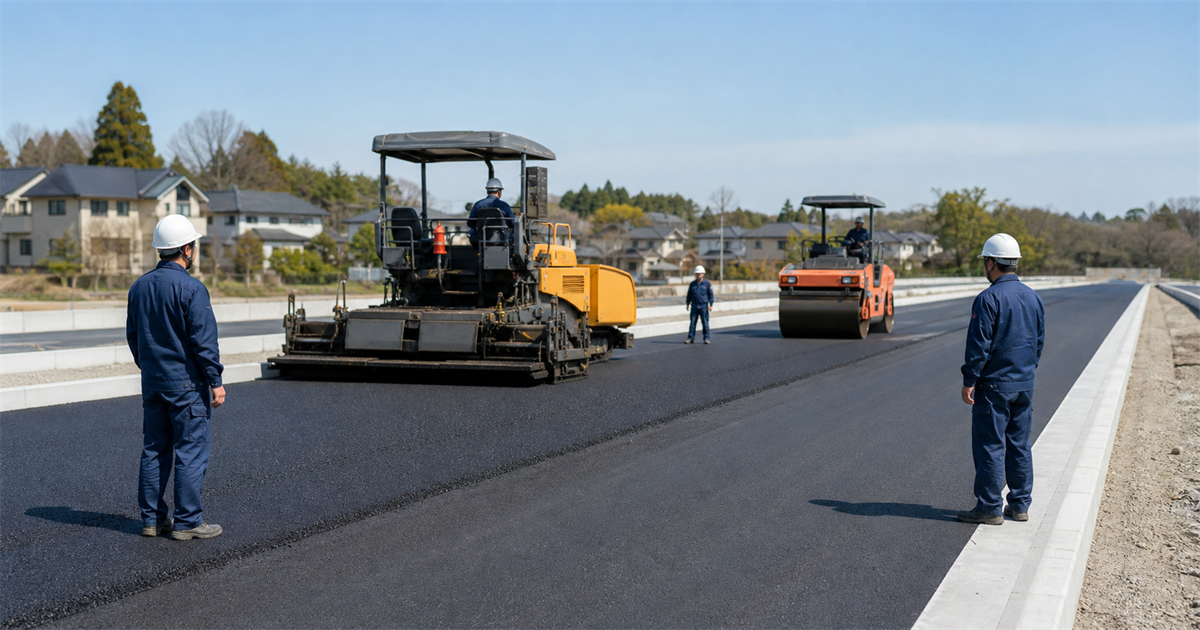 舗装工事が進む新設の幹線道路と作業員たち。朝霞県土整備事務所が発注する地元の道路事業を表す図