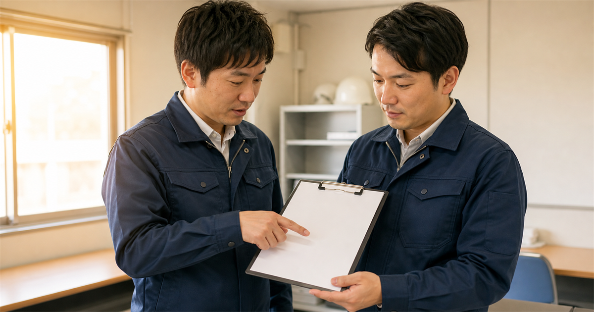 現場事務所でクリップボードを一緒に確認する2人の作業員。今週やっておく3つの準備