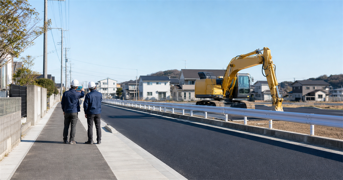 埼玉県県土整備部が発注する道路改良工事の現場