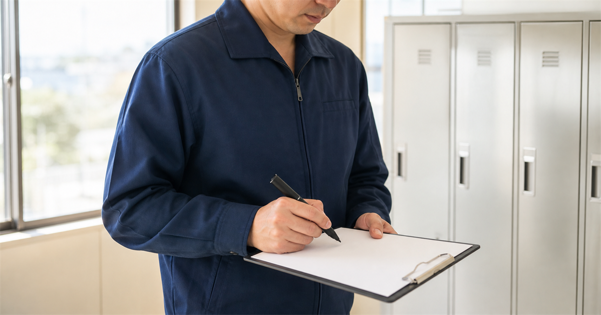 クリップボードの用紙に工事内容を書き込む作業員(実務経験の証明資料は工事内容の明記が必須)