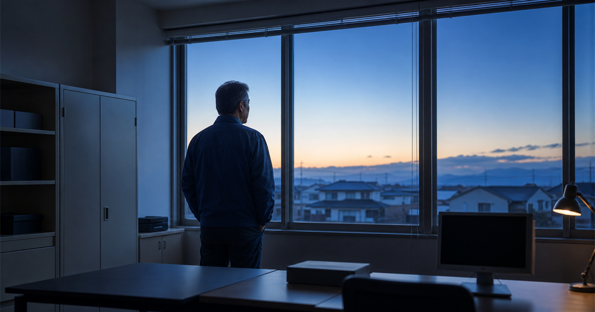 夜明け前の事務所の窓辺に立つ経営者の後ろ姿。審査基準日から逆算した準備のイメージ