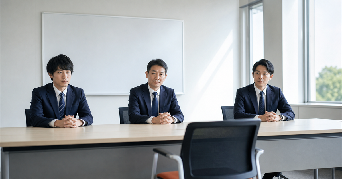 会議室の長机に並ぶスーツの3人と手前の空席。八潮市の入札参加資格の審査と等級による格付のイメージ
