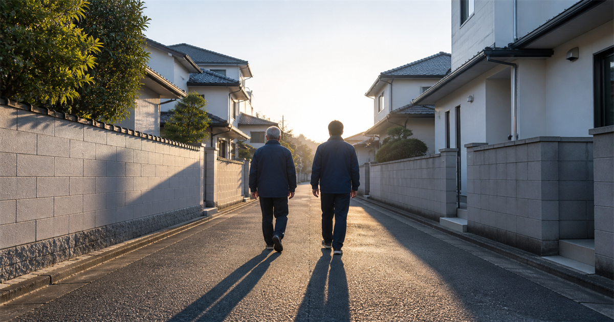 夜明けの住宅街の路地を年配と若手の作業員が並んで奥へ歩く後ろ姿。事業承継のスケジュールを逆算して進めることを表す