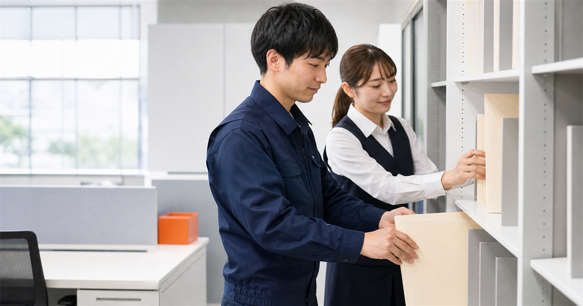 建設会社の事務所で作業服の男性と事務職の女性が書棚のファイルを並んで整理する写真。見積書の様式を作り替える準備を表す