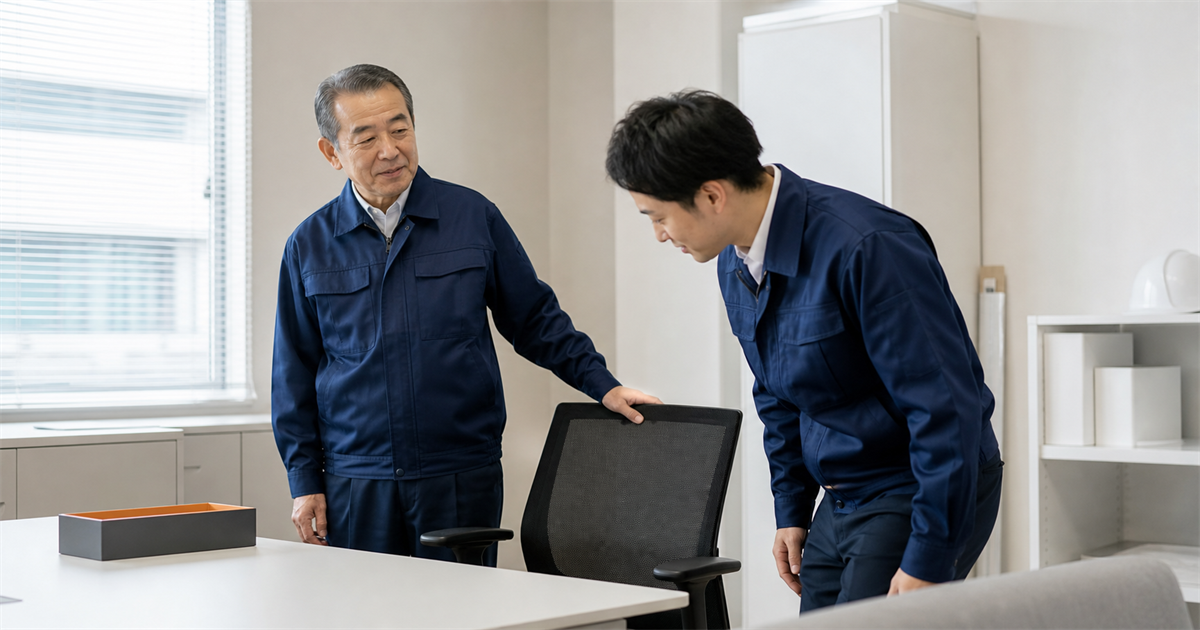 建設会社の事務所で年配の男性が椅子から立ち若手が座ろうとする写真。法人成りや合併の際に90日以内の届出が必要なことを表す